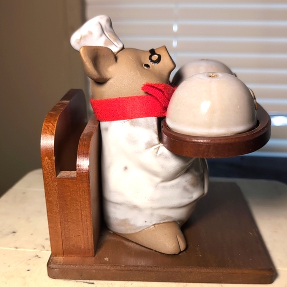 Vintage Kato Kogei Chef Pig Salt & Pepper Shakers Card Holder Hand Painted Japan - Picture 5 of 12